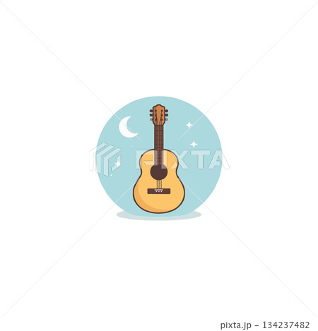 Acoustic guitar illustration with dreamy night sky backdrop creates peaceful musical atmosphere 134237482