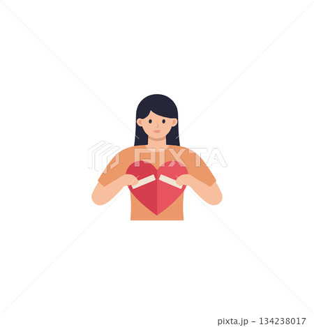 Illustration depicting a woman symbolically mending a fragmented heart with adhesive strips 134238017