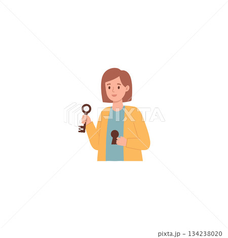 Woman holding a vintage skeleton key finding solutions unlocking potential achieving success Woman holding a vintage skeleton key finding solutions unlocking potential achieving success 134238020