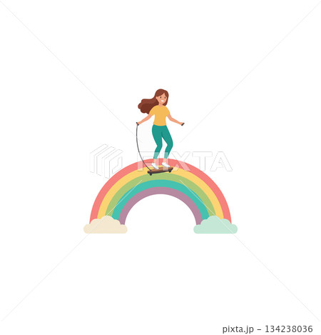 Whimsical adventure, girl skateboarding on rainbow, creative illustration conveys joyous 134238036