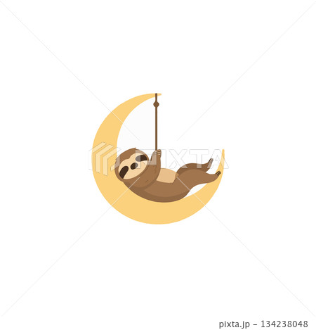 Whimsical cartoon sloth embracing the crescent moon on a swing a celestial dreamscape illustration 134238048