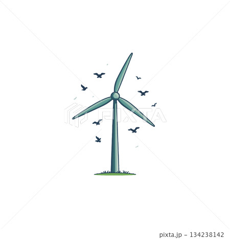 Wind turbine with birds illustration representing sustainable energy and renewable resources in a Wind turbine with birds illustration representing sustainable energy and renewable resources in a 134238142