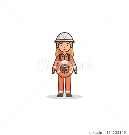 Cartoon depiction of a rescue worker offering safety demonstrates dedication in a playful Cartoon depiction of a rescue worker offering safety demonstrates dedication in a playful 134238146