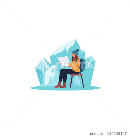 Adventurer reading on icy terrain showcases focus amidst nature's challenges and finding solace in 134238147