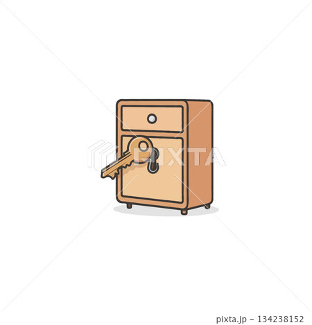 Simple illustration of a small cabinet with a key securing the drawer representing secured Simple illustration of a small cabinet with a key securing the drawer representing secured 134238152