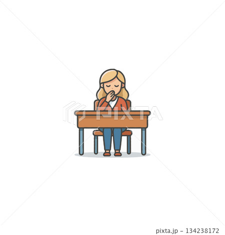Isolated illustration of a contemplative young woman seated at a simple wooden desk in solitude Isolated illustration of a contemplative young woman seated at a simple wooden desk in solitude 134238172
