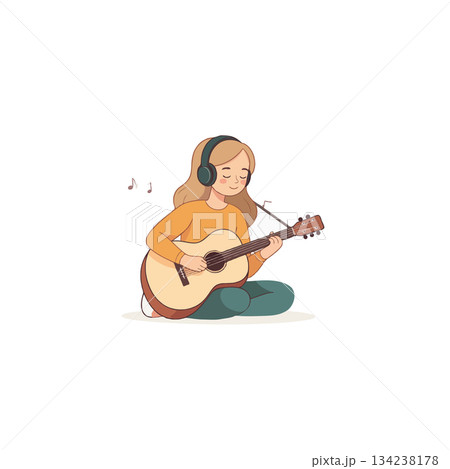 Cartoon illustration of a young woman playing guitar, headphones and musical notes, music and 134238178