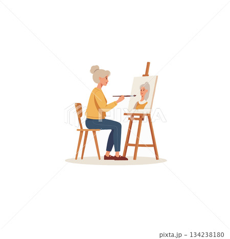 Elderly woman painting portrait on easel illustration captures creative pursuit in art studio with 134238180