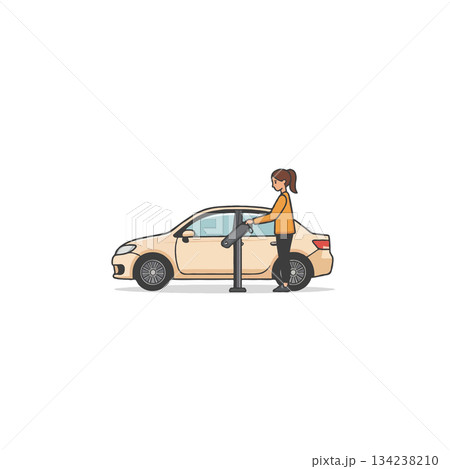 Illustration displaying a female mechanic lifting a vehicle using hydraulic automotive jack for Illustration displaying a female mechanic lifting a vehicle using hydraulic automotive jack for 134238210