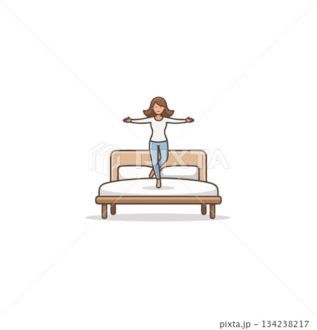 Illustration of a joyful woman leaping on a bed embodying happiness and carefree moments in a home Illustration of a joyful woman leaping on a bed embodying happiness and carefree moments in a home 134238217