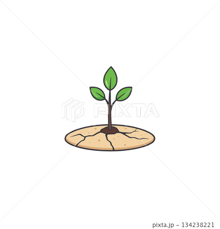 Tiny sprout emerges from cracked earth symbolizing resilience and hope against environmental 134238221