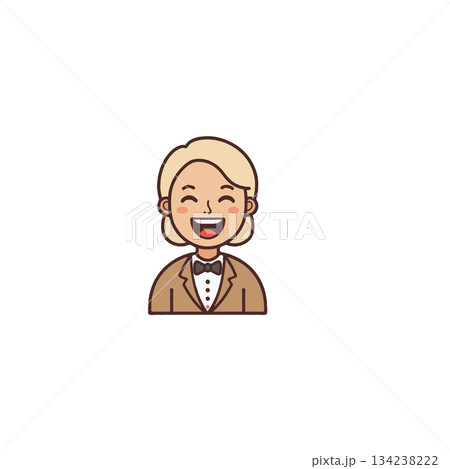 Cartoon depiction of a smiling person wearing a suit with a bowtie conveying cheerful 134238222