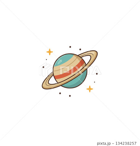 A whimsical cartoon planet illustration showcasing rings and celestial charm ideal for education 134238257