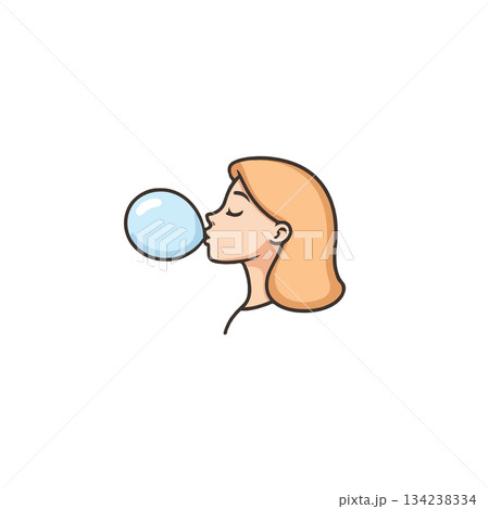 Whimsical cartoon girl blowing bubblegum creating playful expression portraying leisure youthful 134238334