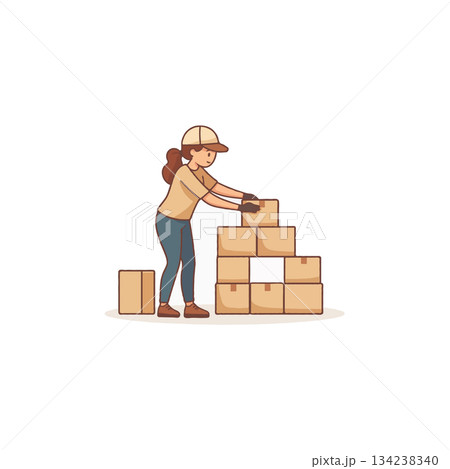 Woman stacks cardboard boxes for delivery in a neat pile ready for shipping preparation concept Woman stacks cardboard boxes for delivery in a neat pile ready for shipping preparation concept 134238340