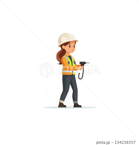 Illustration of a determined woman construction worker using a drill for building and repair 134238357
