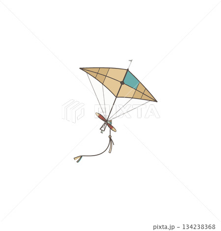 Whimsical kite soaring high with geometric panels and dynamic propeller accents against a blank 134238368