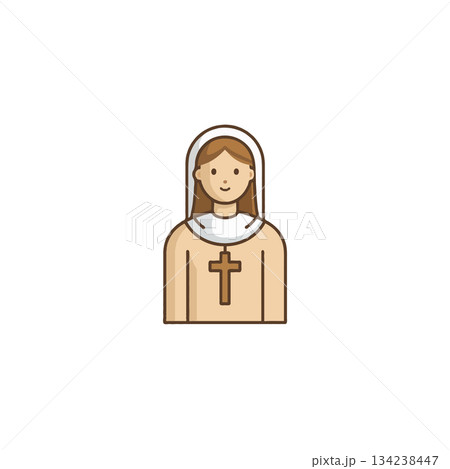 Simple illustration of a smiling religious sister representing faith dedication and spiritual Simple illustration of a smiling religious sister representing faith dedication and spiritual 134238447