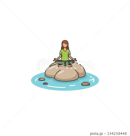 Woman meditating on a rock in water cartoon illustration promoting mindfulness and peacefulness in 134238448