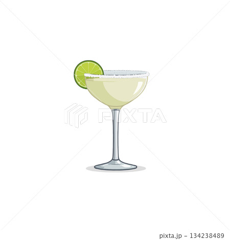 Refreshing lime margarita illustration with salted rim offering a cool summer beverage refreshment Refreshing lime margarita illustration with salted rim offering a cool summer beverage refreshment 134238489