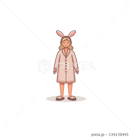 The girl wears bunny ears and a pink coat in joyful anticipation of spring holiday celebration time 134238491