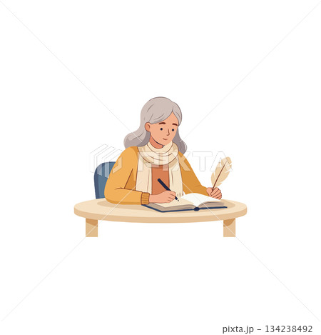 Older woman writing notes using feather quill and inkwell on the desk capturing creativity and 134238492