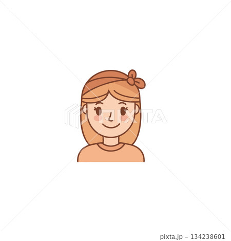 Delightful illustration depicting a cheerful young woman with bow enhancing her light brown hair Delightful illustration depicting a cheerful young woman with bow enhancing her light brown hair 134238601