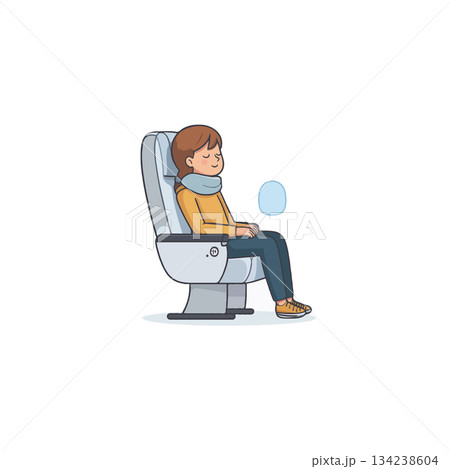 Serene journey depiction: a relaxed young woman enjoying flight tranquility with a travel pillow Serene journey depiction: a relaxed young woman enjoying flight tranquility with a travel pillow 134238604