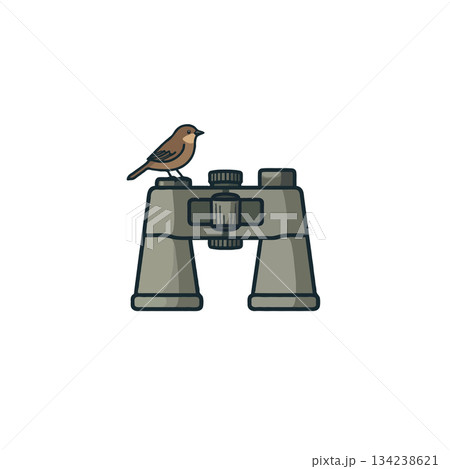 A vigilant sparrow perched upon binoculars surveying the landscape exploration seeking hidden A vigilant sparrow perched upon binoculars surveying the landscape exploration seeking hidden 134238621