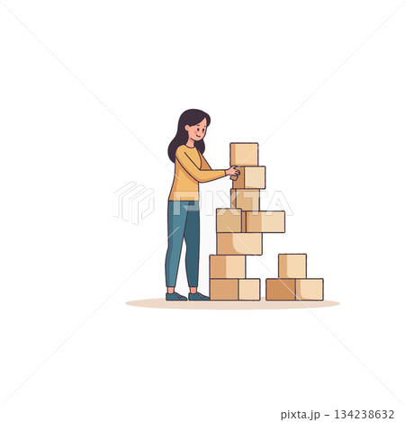 Woman constructing a tower of blocks illustration playfully building concept playfully building 134238632
