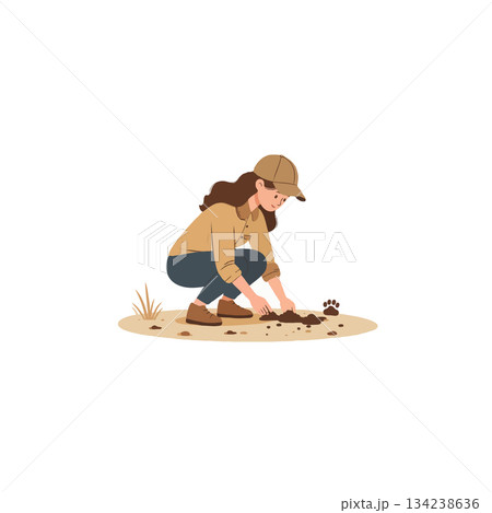 A young woman skillfully unearthing and carefully examining a mysterious animal footprint with A young woman skillfully unearthing and carefully examining a mysterious animal footprint with 134238636