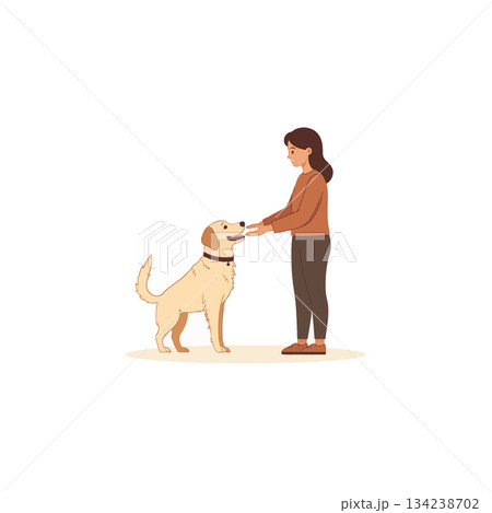 Bonding moment between a girl and her golden retriever illustrates the simple joys of pet 134238702