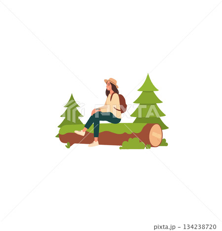 Relaxed adventurer enjoying nature, taking a rest on a fallen tree trunk after trekking through Relaxed adventurer enjoying nature, taking a rest on a fallen tree trunk after trekking through 134238720