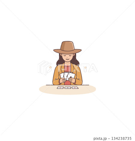 Focused woman playing cards in a stylized cartoon illustration depicting leisure activities and 134238735