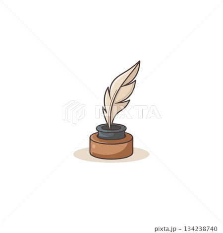 Elegant writing instrument featuring a feather quill poised above a classic brown ceramic inkwell, Elegant writing instrument featuring a feather quill poised above a classic brown ceramic inkwell, 134238740