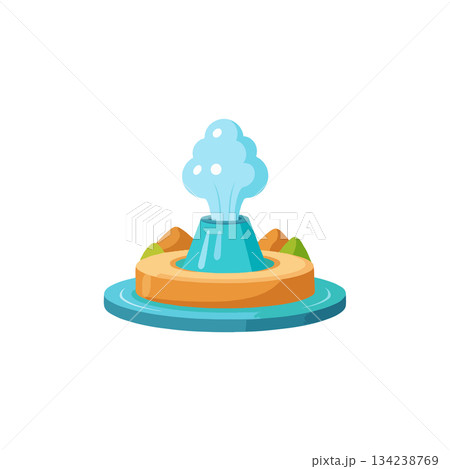 Stylized geyser erupting in colorful landscape displaying geothermal activity in vector 134238769