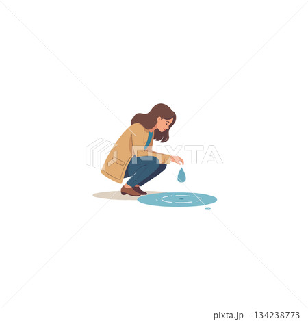 Contemplative moment: Woman observes a single drop creating ripples in a small puddle surface 134238773