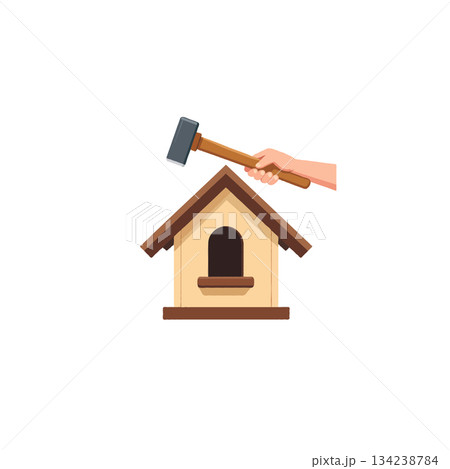 Hand holding a hammer over a birdhouse suggesting repair construction or building a new avian home Hand holding a hammer over a birdhouse suggesting repair construction or building a new avian home 134238784