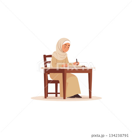 Focused young muslim woman engaged in thoughtful learning at wooden desk diligently writing with Focused young muslim woman engaged in thoughtful learning at wooden desk diligently writing with 134238791