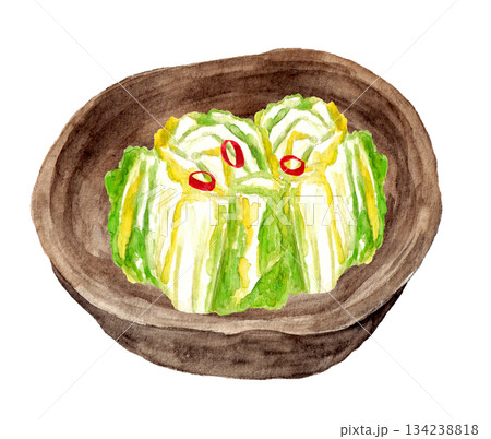 器に盛り付けた白菜の漬物の手描き水彩イラストのイラスト素材