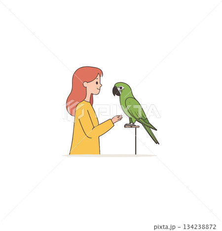 A gentle moment shared: Woman interacting with vibrant green parrot perched gracefully on stand in A gentle moment shared: Woman interacting with vibrant green parrot perched gracefully on stand in 134238872