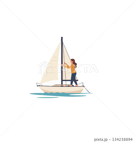 Woman sailing a small boat on a calm sea under clear skies enjoying a peaceful coastal adventure Woman sailing a small boat on a calm sea under clear skies enjoying a peaceful coastal adventure 134238894