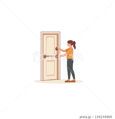 A young woman opening a door, ready to go inside a home or apartment, an welcoming atmosphere and 134238900