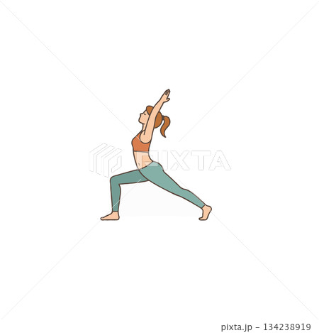 A simplified depiction woman practicing warrior pose with outstretched arms in vector design A simplified depiction woman practicing warrior pose with outstretched arms in vector design 134238919