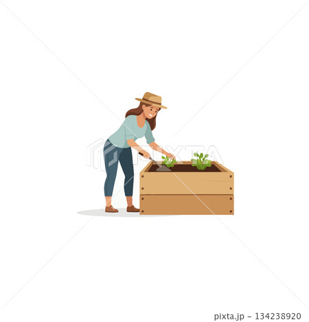 Woman tending a raised garden bed cultivating fresh greens with gardening tools for home Woman tending a raised garden bed cultivating fresh greens with gardening tools for home 134238920