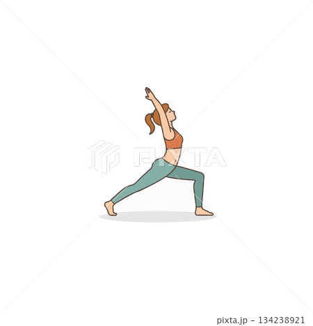 Elegant woman practicing warrior one pose a posture of yoga in a serene wellness session promotes Elegant woman practicing warrior one pose a posture of yoga in a serene wellness session promotes 134238921