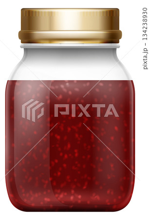 A jar of red jelly sits on a white background 134238930