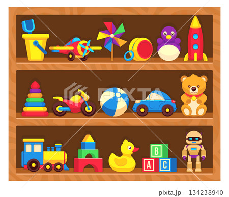 A shelf full of toys including a teddy bear, a car, a train, and a boat 134238940