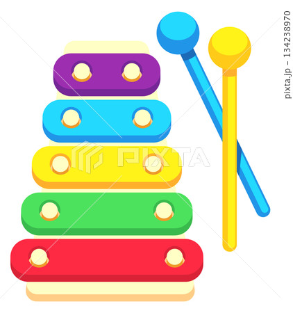 A colorful toy xylophone with a blue and yellow stick 134238970