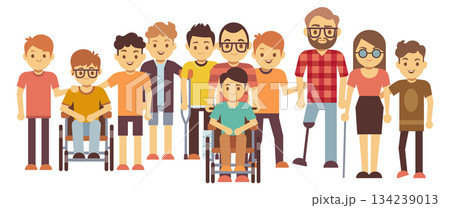 A group of people, including a man in a wheelchair, are standing together 134239013